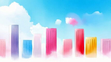 A vibrant, stylized cityscape featuring various tall, colorful buildings and fluffy white clouds under a clear blue sky.