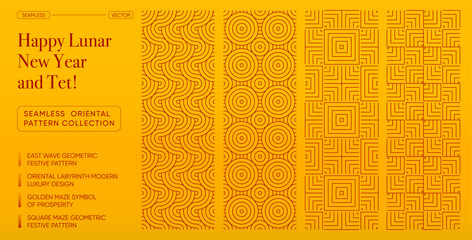 Tet and Lunar New Year Seamless Oriental Pattern Collection. Golden maze, circle, and wave line textures for prosperity, Tet celebration and elegant Lunar New Year geometric design patterns