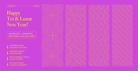 Luxury Tet and Lunar New Year Seamless Oriental Pattern Set. Pink and gold geometric wave pattern motif, maze, and circle line designs for elegant Asian Tet and Lunar New Year festive backgrounds

