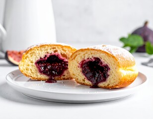 Delicious homemade donut halves filled with rich berry jam and dusted with powdered sugar