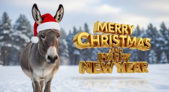 Donkey Wishing Happy Holidays - A donkey wearing a Santa hat stands in a snowy field wishing everyone a Merry Christmas and Happy New Year