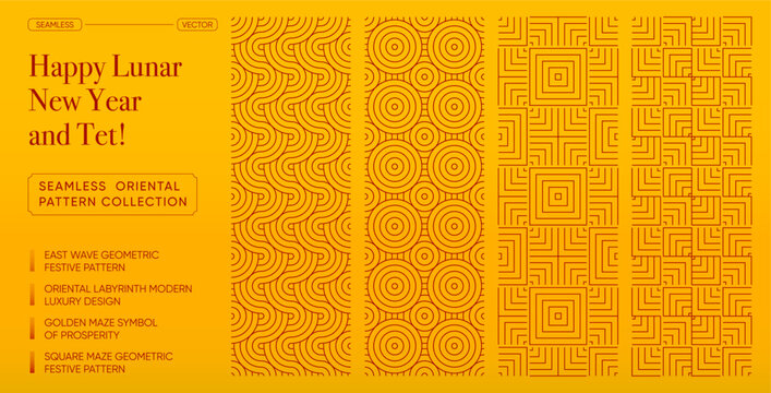 Tet and Lunar New Year Seamless Oriental Pattern Collection. Golden maze, circle, and wave line textures for prosperity, Tet celebration and elegant Lunar New Year geometric design patterns