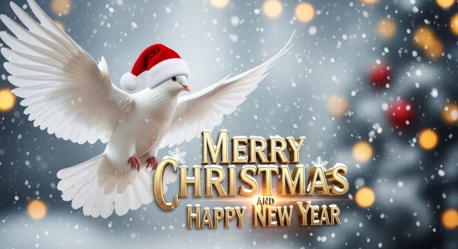 Dove with Santa Hat for Christmas - White dove in a Santa hat with a snowy background and the text Merry Christmas and Happy New Year