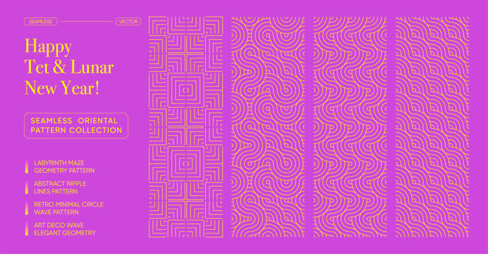 Luxury Tet and Lunar New Year Seamless Oriental Pattern Set. Pink and gold geometric wave pattern motif, maze, and circle line designs for elegant Asian Tet and Lunar New Year festive backgrounds
