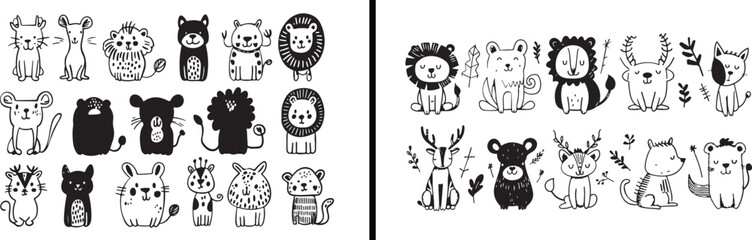 Zoo Animals Line Art, Jungle Animal Illustration, Cute Safari Drawing, Lion and Giraffe Vector, Black and White Animal Art, Minimal Animal Design, Funny Wildlife Sketch, Hand Drawn Animal Illustration