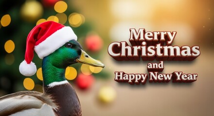 Duck Wearing Christmas Hat - A duck wears a Santa hat in front of a blurred Christmas tree. Merry Christmas and Happy New Year text overlay