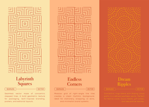 Asian seamless geometric square and circular pattern collection &ndash; traditional labyrinth maze seamless pattern and oriental maze texture for luxury Chinese background and new year decoration.