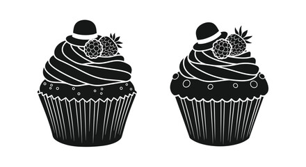 Two black and white illustrations of decorated cupcakes with fruit toppings