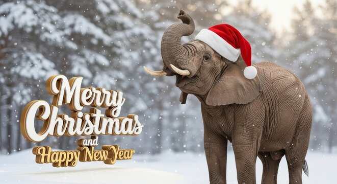 Elephant Festive Season Celebration - An elephant is wearing a Santa hat in a snowy landscape with text reading Merry Christmas and Happy New Year