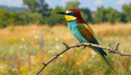 A vibrant bird with multi-colored plumage perches on a twig, set against a blurred background of a meadow