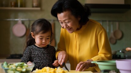 In a cozy kitchen, a happy grandmother and her niece bond while preparing a meal. They laugh and work together, creating cherished memories through cooking