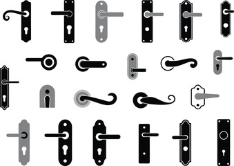 Collection of door handle silhouettes, vector doorknob icons, vintage and modern hardware, lock mechanism set, interior design elements, isolated background