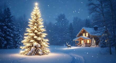 Christmas tree glowing in snowy forest with cozy cabin and deer