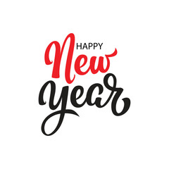 Energetic Brush Script Happy New Year Calligraphy. Modern Hand-Lettering Typography in Red and Black for High-Impact Greeting Card Design.