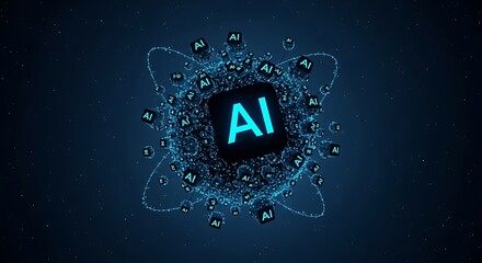 AI Technology Modern Digital Concept with Floating Spheres and Neon Glowing Square Icon