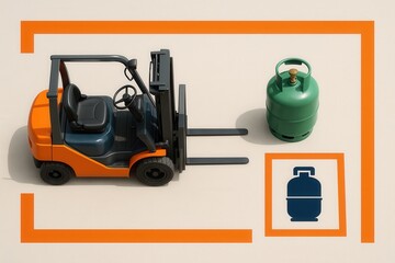Industrial forklift positioned strategically near a green gas cylinder within a clearly defined workspace outlined by orange borders conveying efficiency and safety in material handling