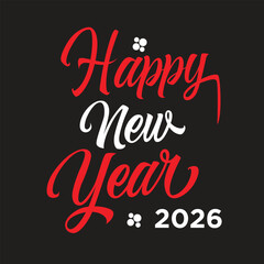 Bold Hand-Lettering Happy New Year Calligraphy. Elegant Script Typography with Decorative Flourishes on a Vibrant Red Background.