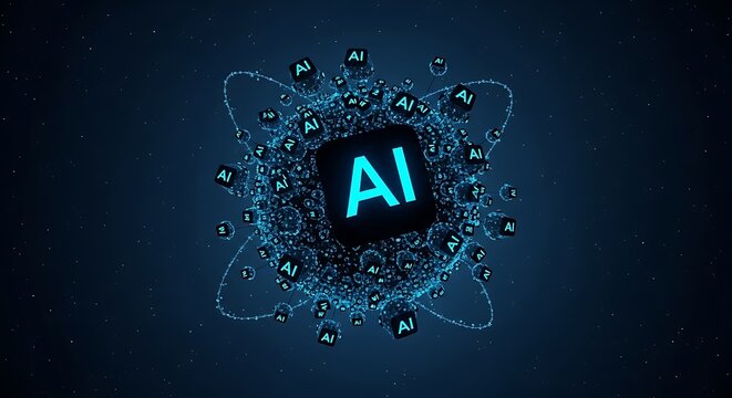 AI Technology Modern Digital Concept with Floating Spheres and Neon Glowing Square Icon
