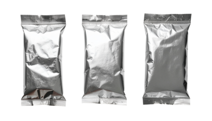 Silver Aluminum Food Pouch Bag Packaging, Plastic Bag Isolated on Transparent and White Background