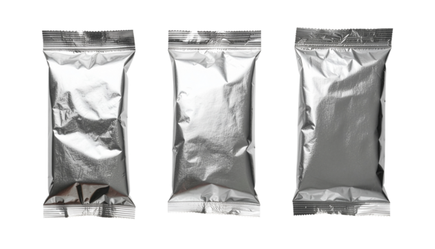 Silver Aluminum Food Pouch Bag Packaging, Plastic Bag Isolated on Transparent and White Background