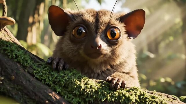 Cute tiny Tarsier (Bushbaby) peeking over a mossy log in a sunny forest. Realistic 3D animation of a curious jungle animal