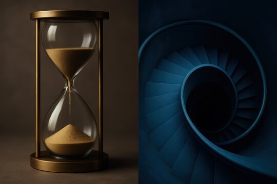 Captivating hourglass symbolizing the passage of time complemented by a spiral staircase representing ascension and cyclical patterns evoking introspective contemplation and existential depth