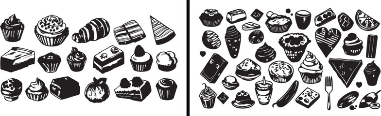 Cake Illustration Drawing, Sweet Dessert Vector, Hand Drawn Pastry Art, Minimal Food Design, Cupcake Line Art, Black and White Dessert Drawing, Hand Made Sweets Illustration, Bakery Vector Art, Delici