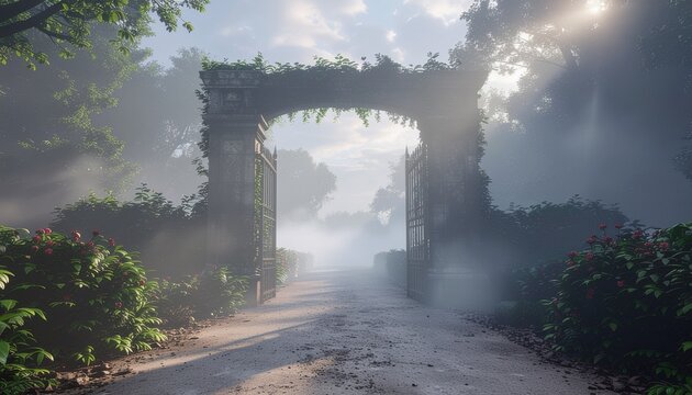 A tall monolithic gate surrounded by dense overgrown plants 2