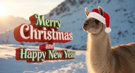 Obraz premium Festive Llama Holiday Greetings - A llama wearing a Santa hat stands in a snowy landscape with holiday greetings