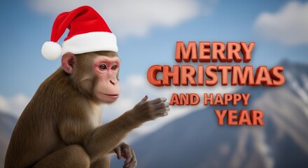 Festive Monkey Wishes Happy Holidays - A monkey wearing a Santa hat wishes viewers a Merry Christmas and Happy New Year in front of a mountain scene