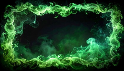An abstract rectangular border crafted from swirling green smoke on a black backdrop, with hints of teal