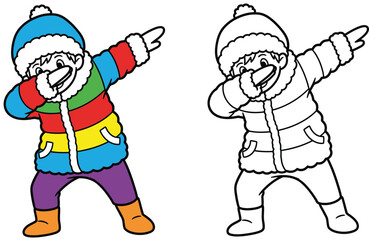 Cool cartoon boy in winter clothes doing the dab dance pose Vector illustration of a happy kid.