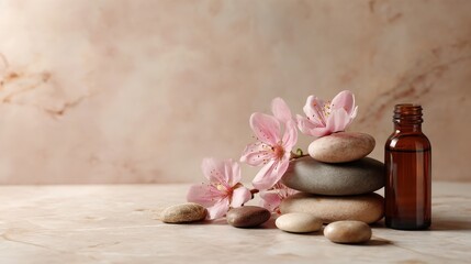 A calming arrangement of smooth massage stones, an amber oil bottle, and pink flowers on a marble surface