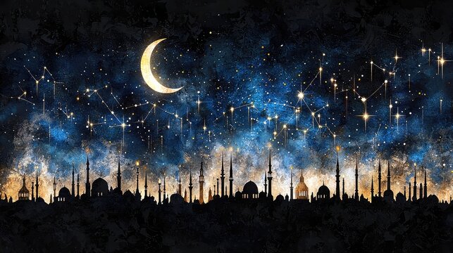 A crescent moon and constellations illuminate a dark cityscape filled with mosque silhouettes under a starry night sky.