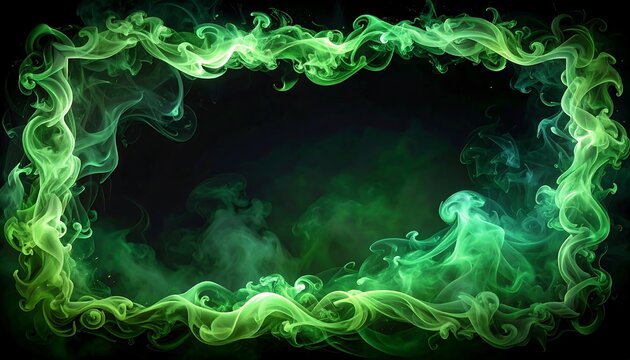 An abstract rectangular border crafted from swirling green smoke on a black backdrop, with hints of teal