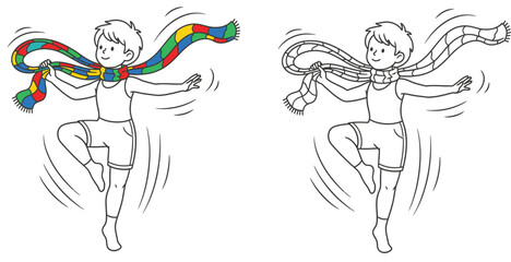 Happy cartoon boy dancing with a long colorful scarf Vector illustration of a kid playing Coloring book page outline