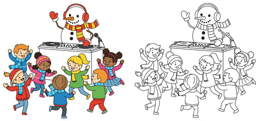 Happy cartoon kids dancing with snowman DJ at winter party. Vector illustration of children having fun Coloring book page outline and colored version.
