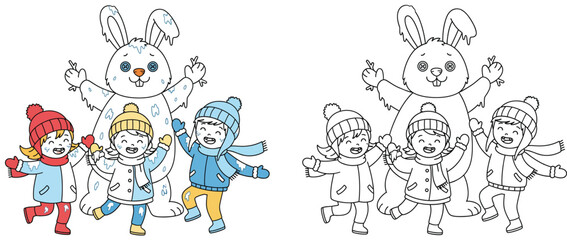 Happy cartoon kids dancing with giant snow rabbit Vector illustration of children playing in winter Coloring book page outline