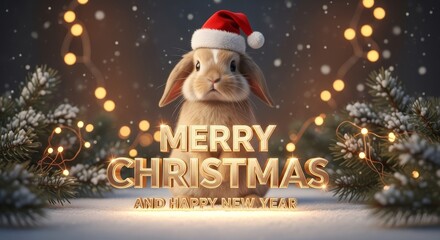 Festive Rabbit Celebrating Christmas - A charming rabbit wearing a Santa hat, surrounded by Christmas lights and snow, with the words "Merry Christmas and Happy New Year"