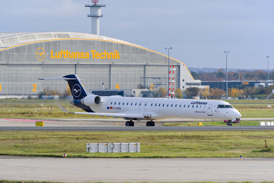 Lufthansa Cityline airplane type Mitsubishi CRJ-900LR registration D-ACNX leaving German Frankfurt Airport on an autumn day. Photo taken November 3rd, 2025, Frankfurt am Main, Germany.