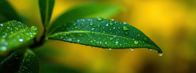 Fototapeta premium Close-up of a vibrant green leaf adorned with water droplets or dew
