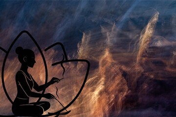 Silhouette of a woman meditating with incense against an abstract fiery background. Calm, spiritual and atmospheric wellness illustration.