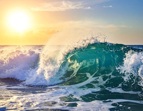 Powerful wave cresting under a warm sun, ocean blues & golds