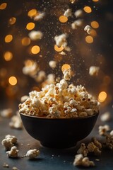 Bowl of Golden Buttery Popcorn on Dark Background with Sparkling Bokeh