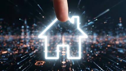 A glowing house icon dominates an abstract cityscape, set against a dark background, showcasing a futuristic urban landscape with digital light streaks, conveying a modern concept.
