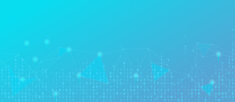 Dynamic technological background with intricate polygonal network, glowing nodes, and scattered binary code of 0, 1 digits, perfect for data science or IT presentations.