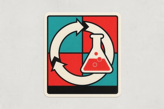Experimental processes illustrated through a vibrant laboratory icon depicting a flask and circular arrows symbolizing sustainability and innovation in scientific discovery