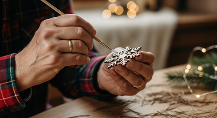 Man crafting Christmas wooden snowflake decoration for winter holiday season. Festive diy ornament for home decor.