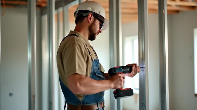 A construction worker in a hard hat and overalls is using a cordless drill to assemble metal studs on a building site, highlighting building and renovation.