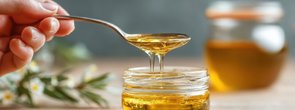 Hand gracefully holding a spoon with ghee oil dripping into a jar